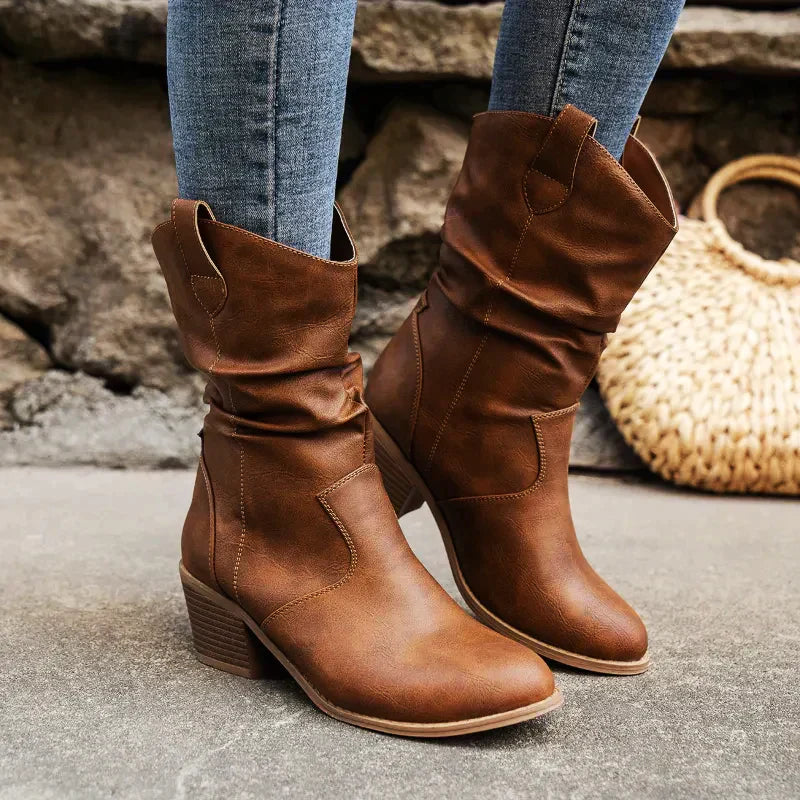 Women's retro pleated upper thick heel pointed toe boots