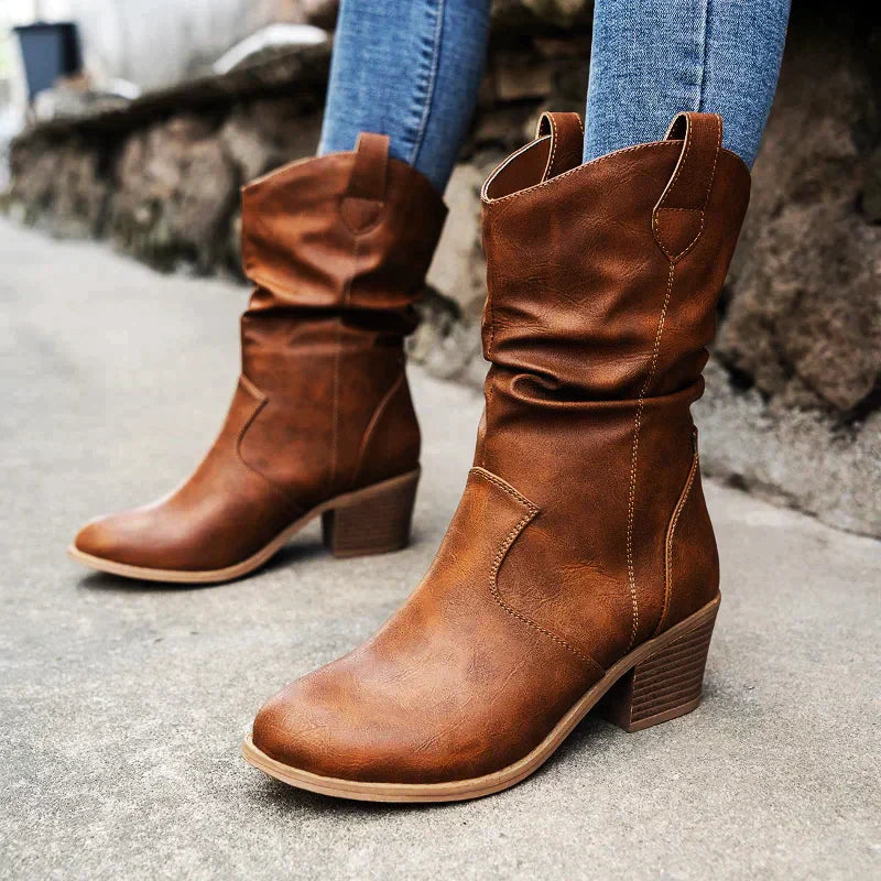 Women's retro pleated upper thick heel pointed toe boots