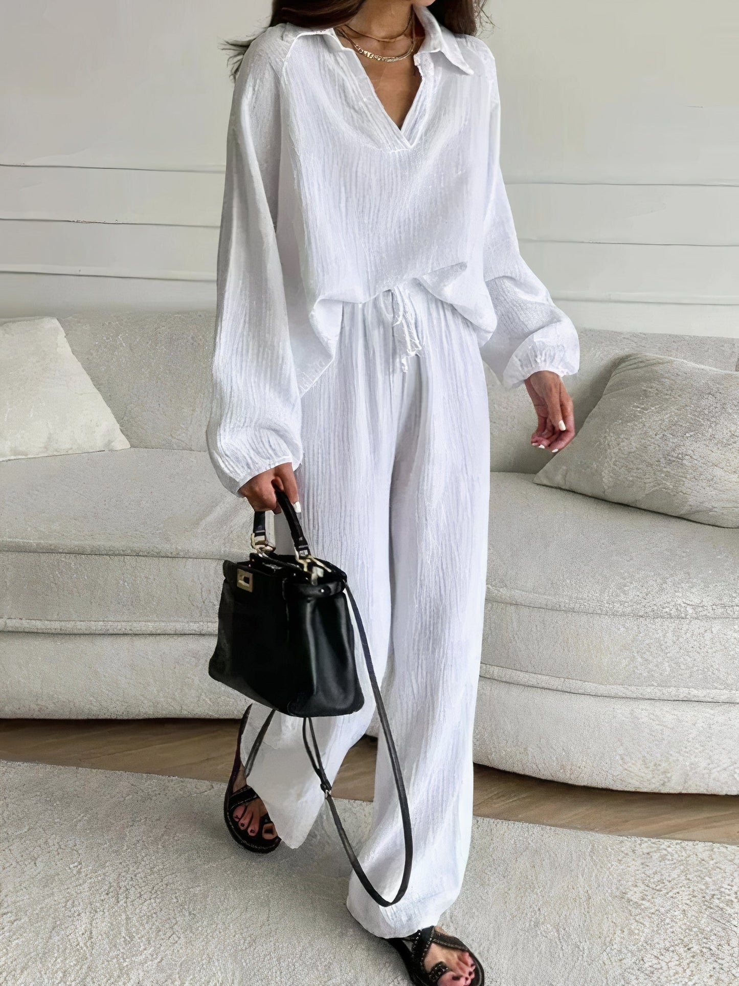 Pantsuit autumn 2-piece set for women with loose top and wide leg pants