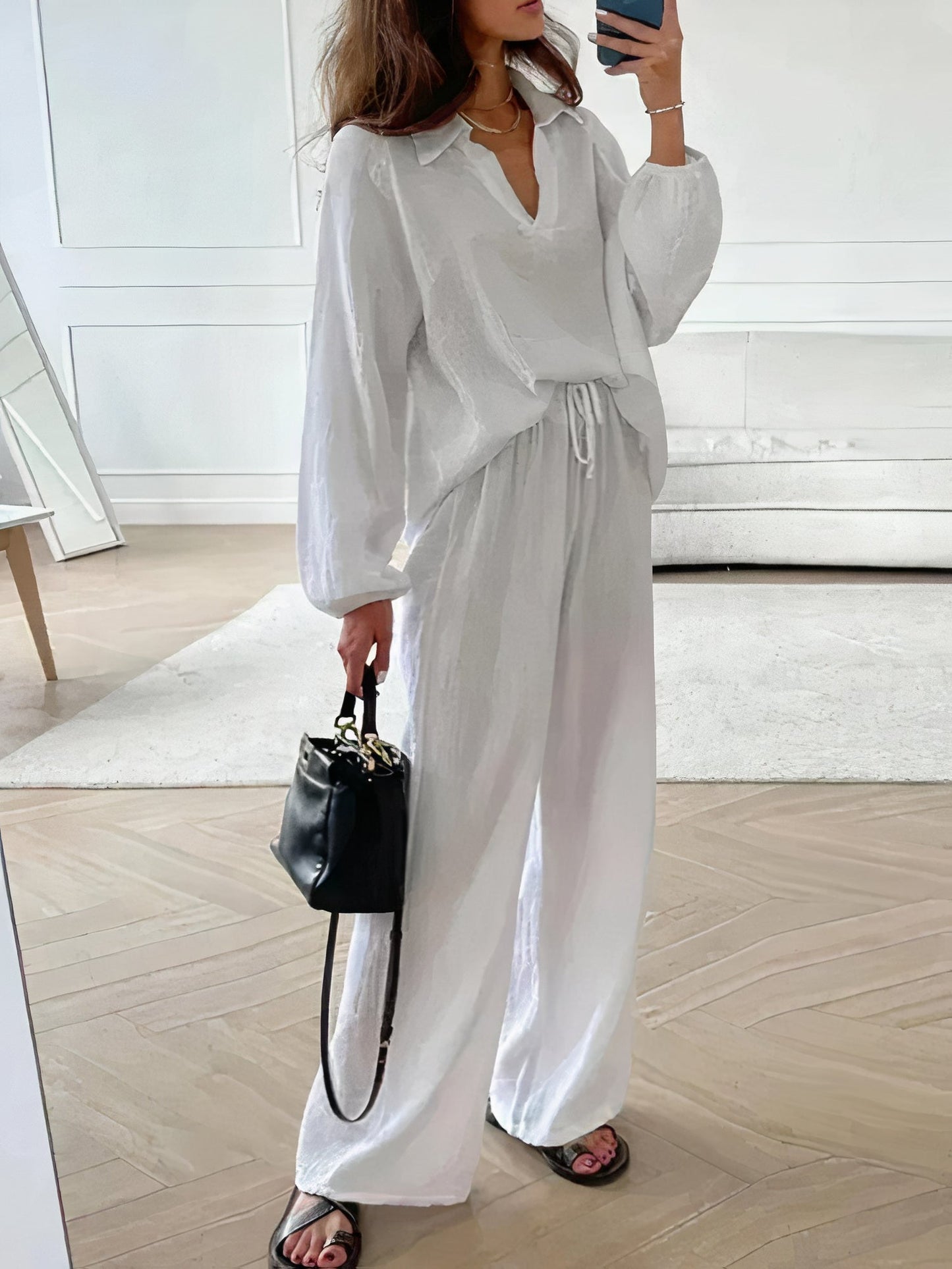 Pantsuit autumn 2-piece set for women with loose top and wide leg pants