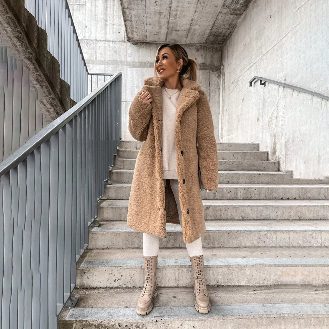 Women's lapel plush knee-length button-down jacket