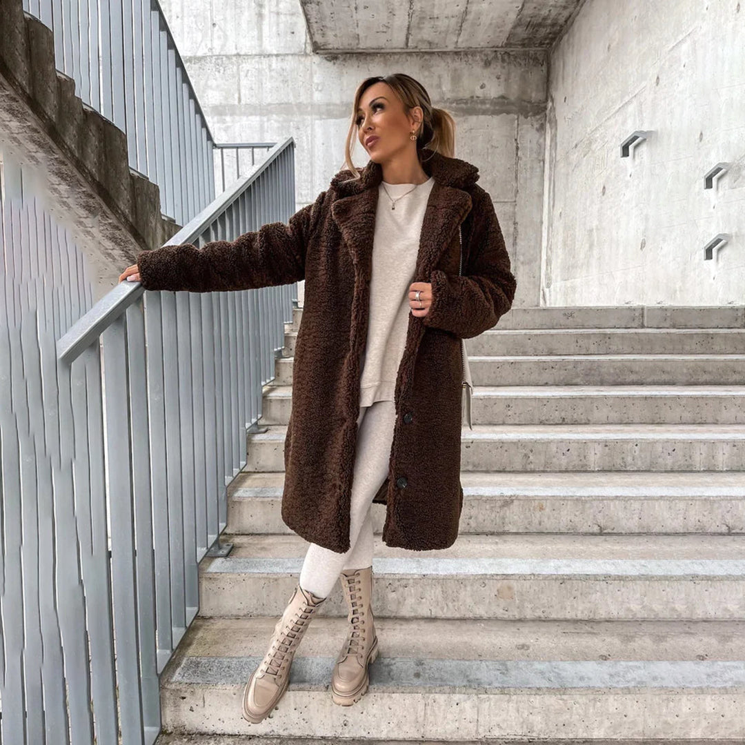 Women's lapel plush knee-length button-down jacket