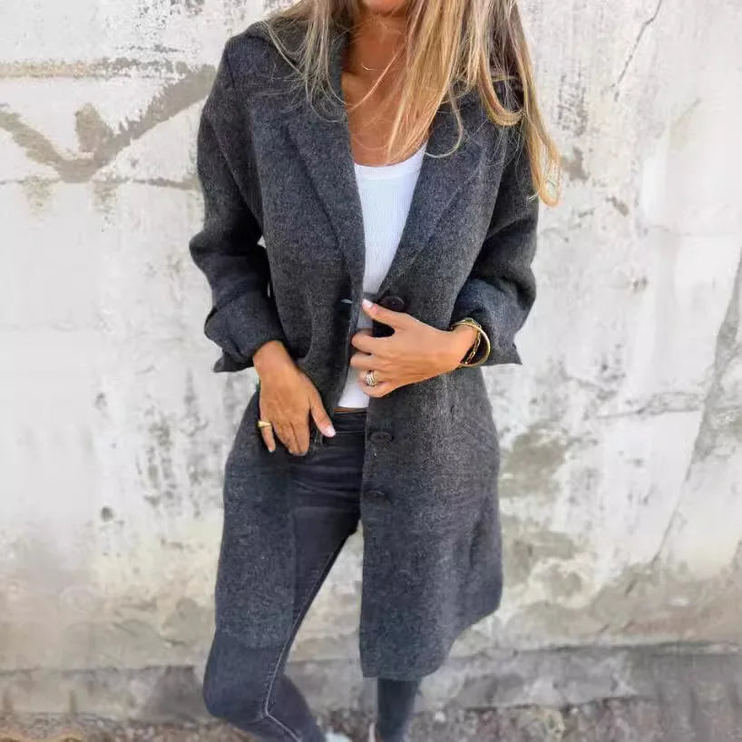 Longline button-up coat with lapel collar for women