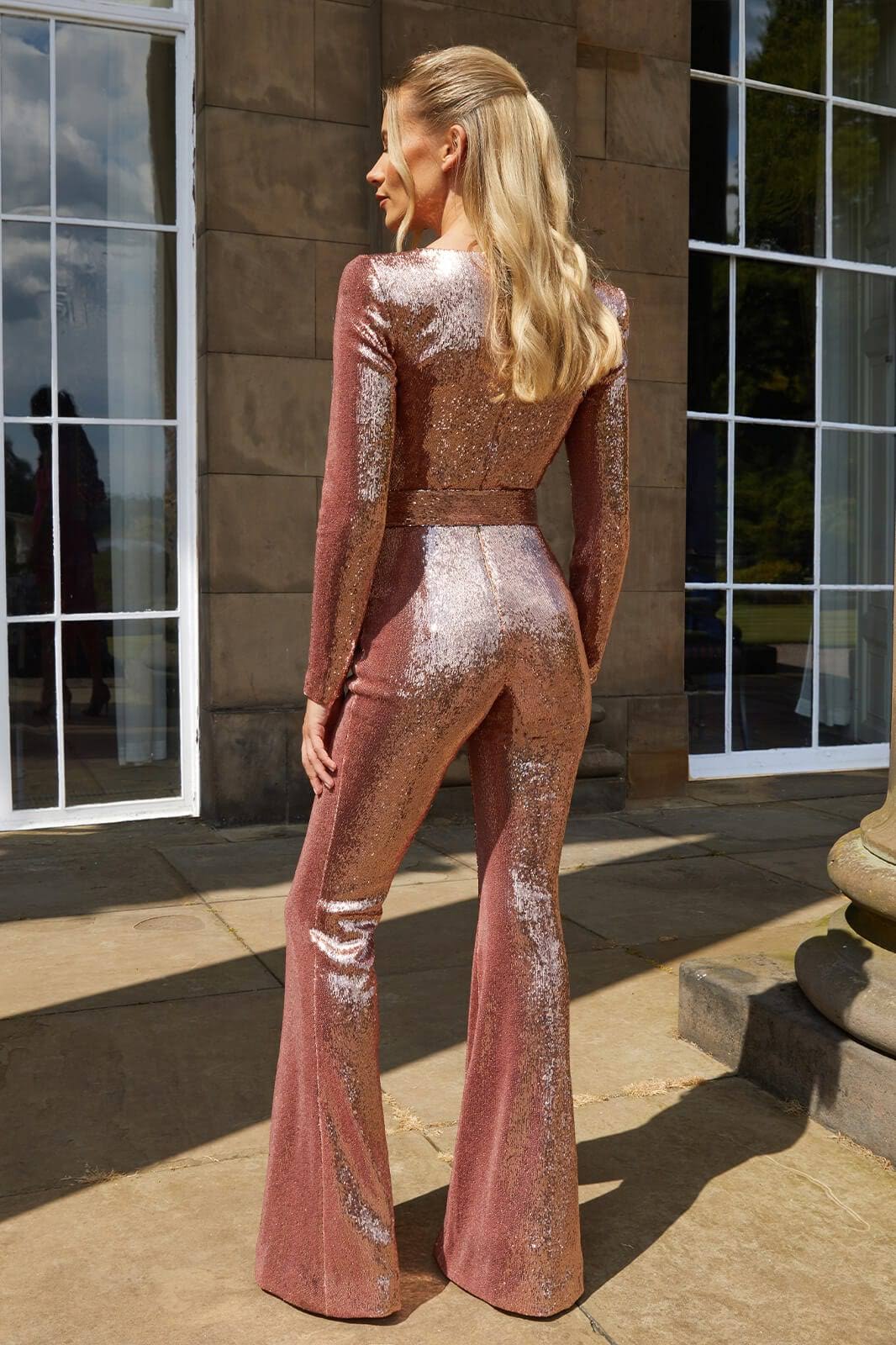 Women's Jumpsuit - Fitted Corset Style - Long Sleeve - Sequined Flare Leg Party Wear