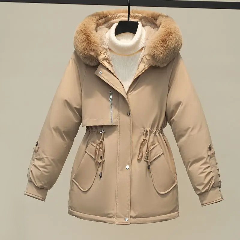 Women's mid-length down parka with a large fur collar