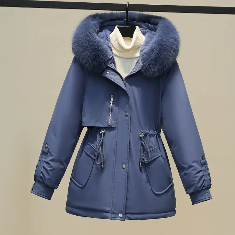 Women's mid-length down parka with a large fur collar