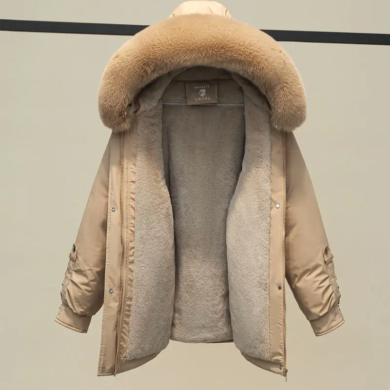 Women's mid-length down parka with a large fur collar
