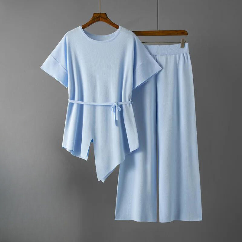 Women's irregular crewneck knit top slim waist wide-leg pants two-piece set