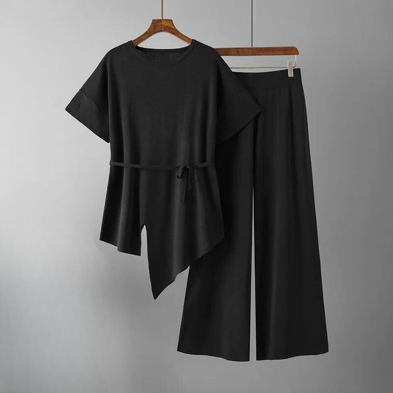 Women's irregular crewneck knit top slim waist wide-leg pants two-piece set