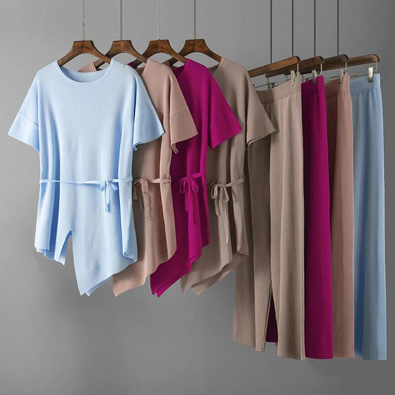 Women's irregular crewneck knit top slim waist wide-leg pants two-piece set