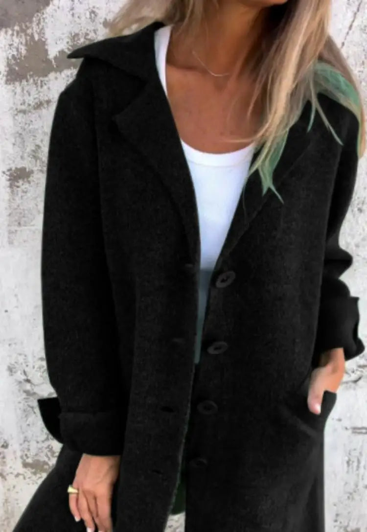 Longline button-up coat with lapel collar for women