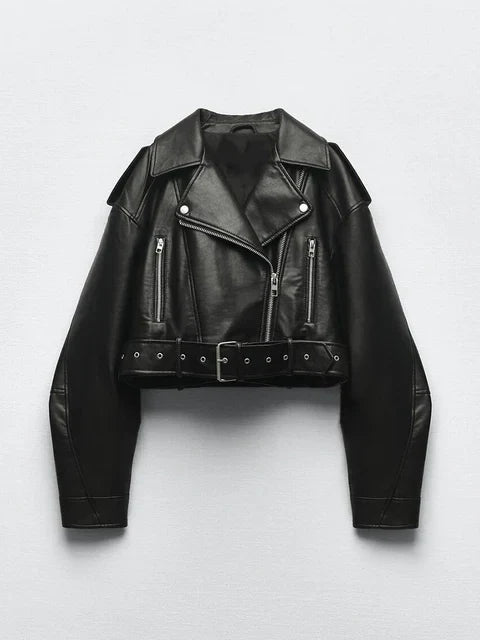 Women's two-tone leather lapel loose coat
