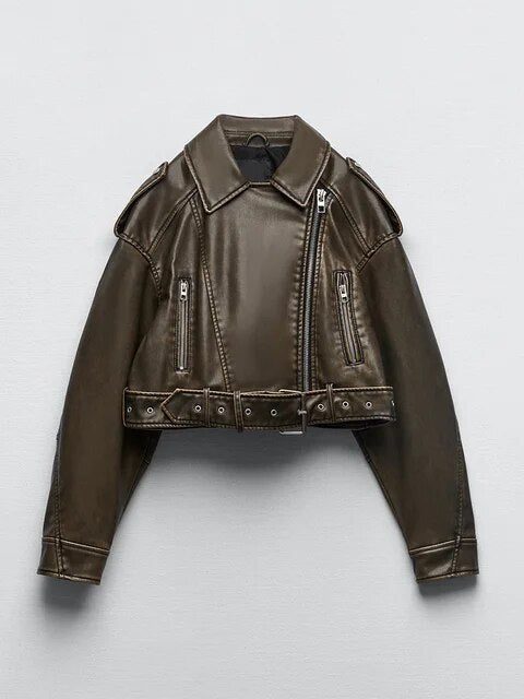 Women's two-tone leather lapel loose coat