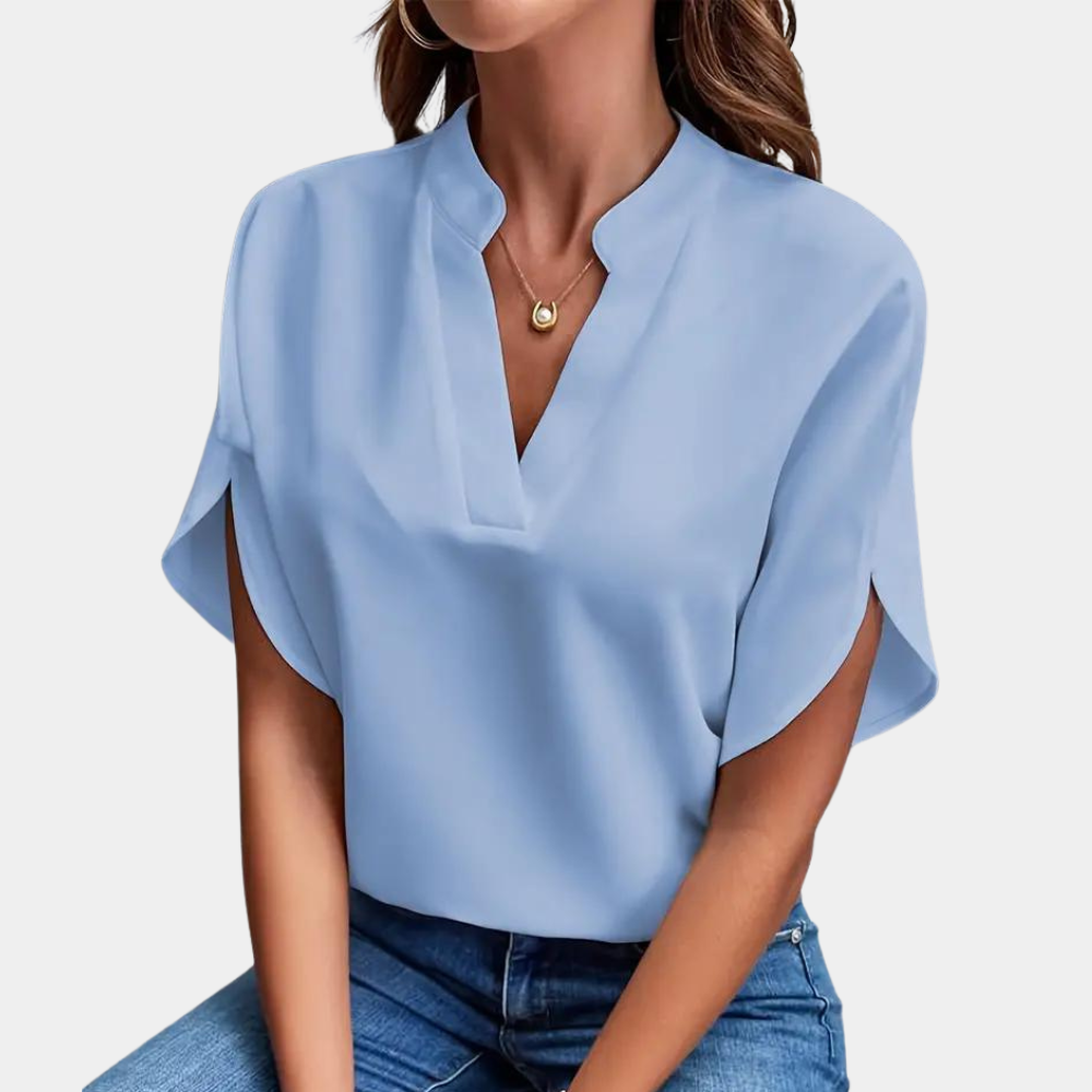 Women's Blouse - V-Neck Collared - Loose Fit - Draped Short Sleeves Elegant Style
