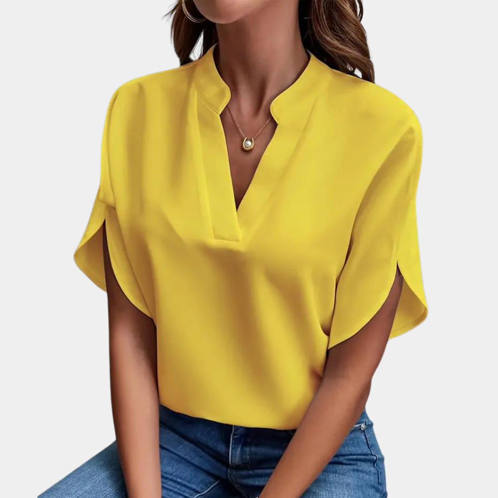 Women's Blouse - V-Neck Collared - Loose Fit - Draped Short Sleeves Elegant Style