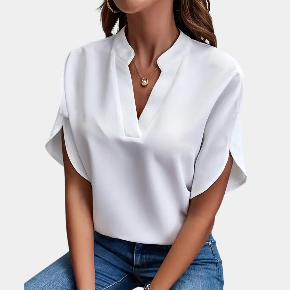 Women's Blouse - V-Neck Collared - Loose Fit - Draped Short Sleeves Elegant Style