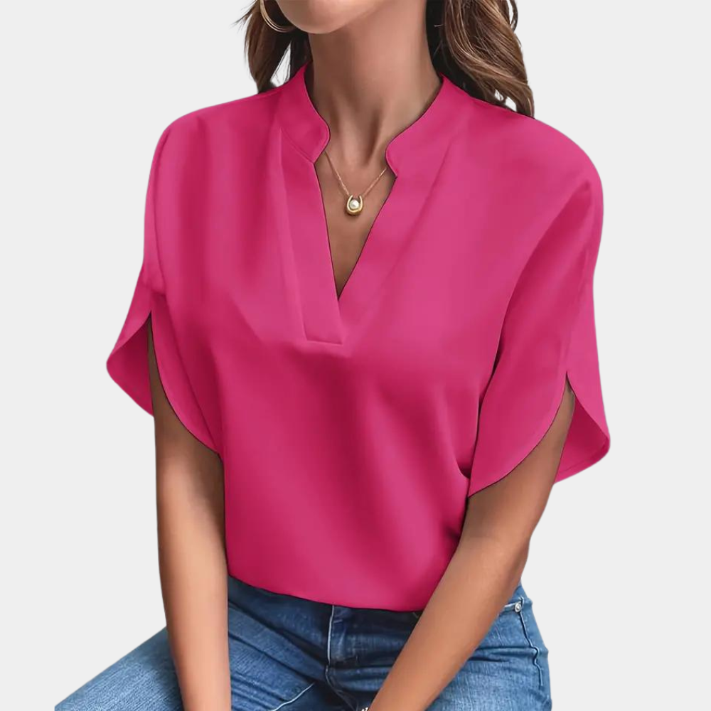 Women's Blouse - V-Neck Collared - Loose Fit - Draped Short Sleeves Elegant Style