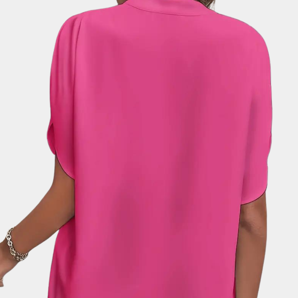Women's Blouse - V-Neck Collared - Loose Fit - Draped Short Sleeves Elegant Style
