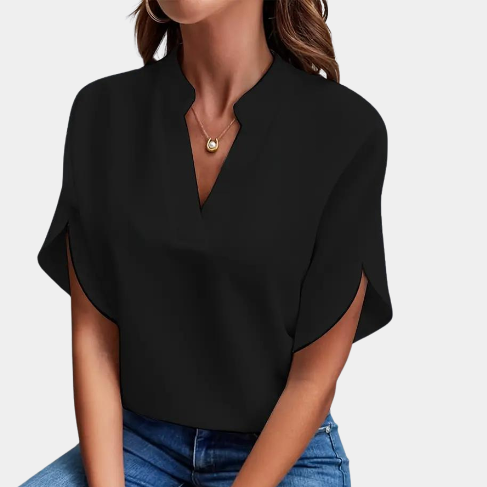 Women's Blouse - V-Neck Collared - Loose Fit - Draped Short Sleeves Elegant Style