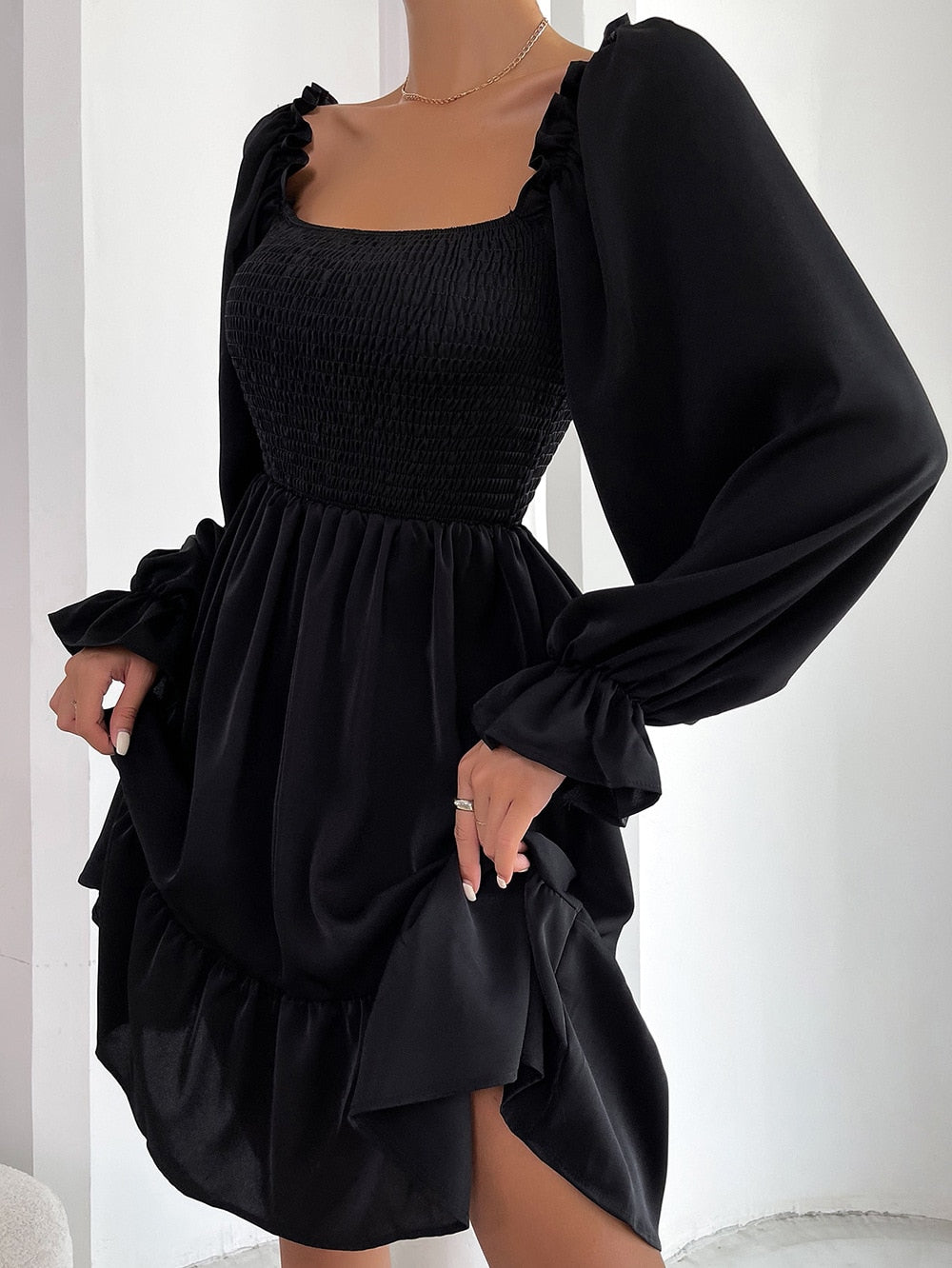 Women's Mini Dress - Smocked Bodice - Square Neck - Long Sleeve - Ruffle Hem