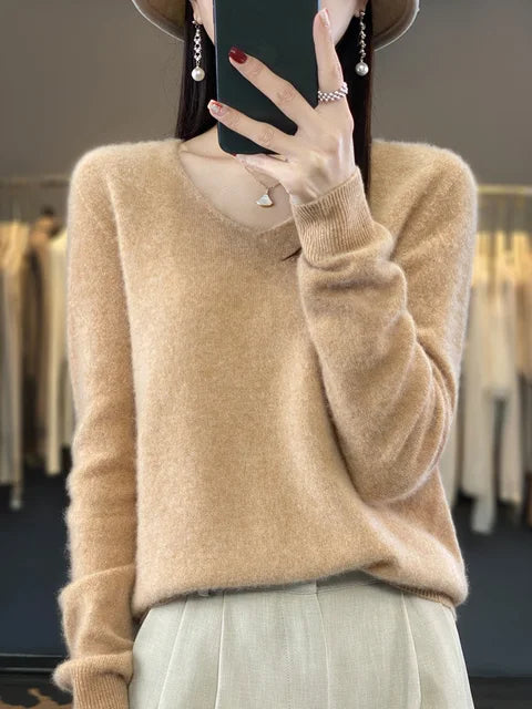 Women's v neck autumn winter loose fit solid color sweater