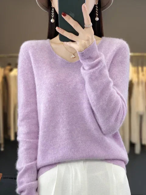 Women's v neck autumn winter loose fit solid color sweater