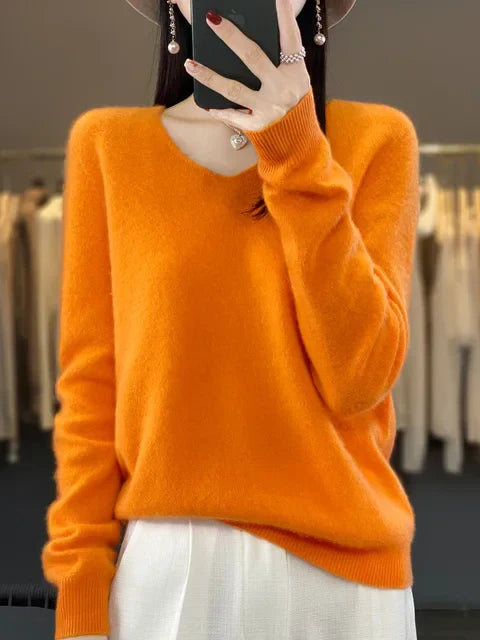 Women's v neck autumn winter loose fit solid color sweater