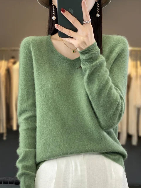 Women's v neck autumn winter loose fit solid color sweater