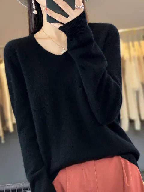 Women's v neck autumn winter loose fit solid color sweater
