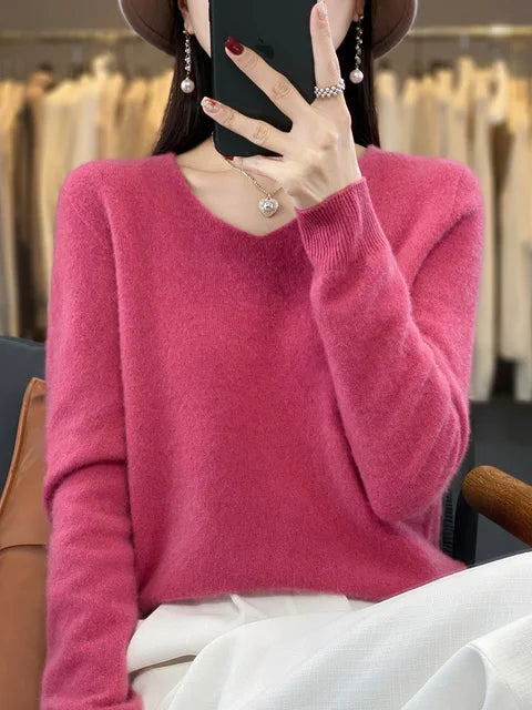 Women's v neck autumn winter loose fit solid color sweater