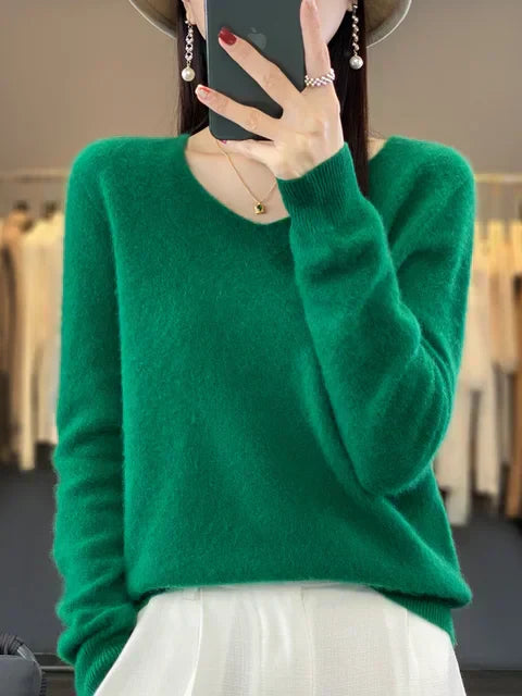 Women's v neck autumn winter loose fit solid color sweater