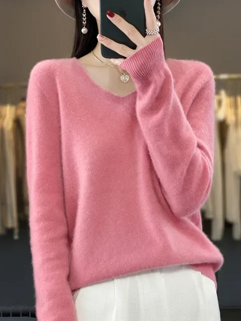 Women's v neck autumn winter loose fit solid color sweater