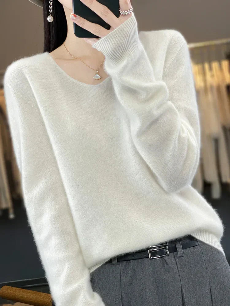 Women's v neck autumn winter loose fit solid color sweater