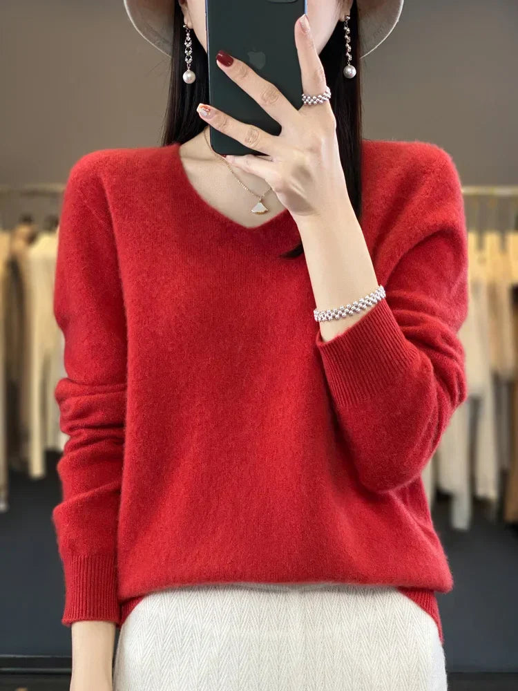 Women's v neck autumn winter loose fit solid color sweater