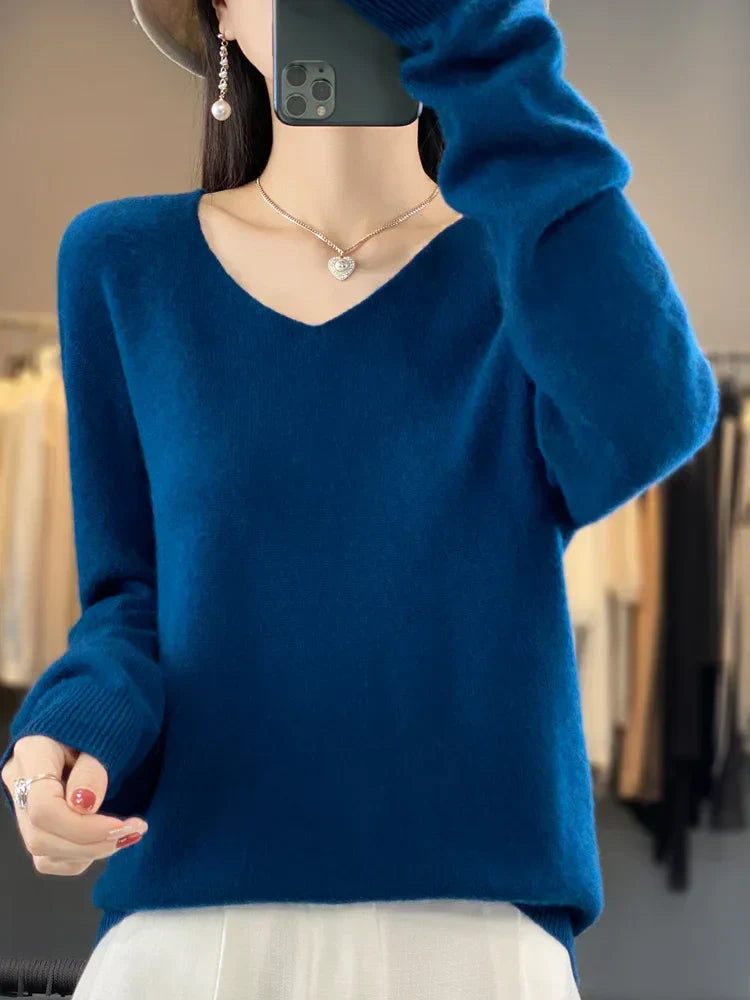 Women's v neck autumn winter loose fit solid color sweater