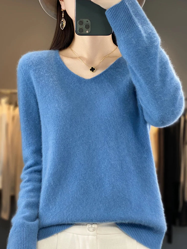 Women's v neck autumn winter loose fit solid color sweater