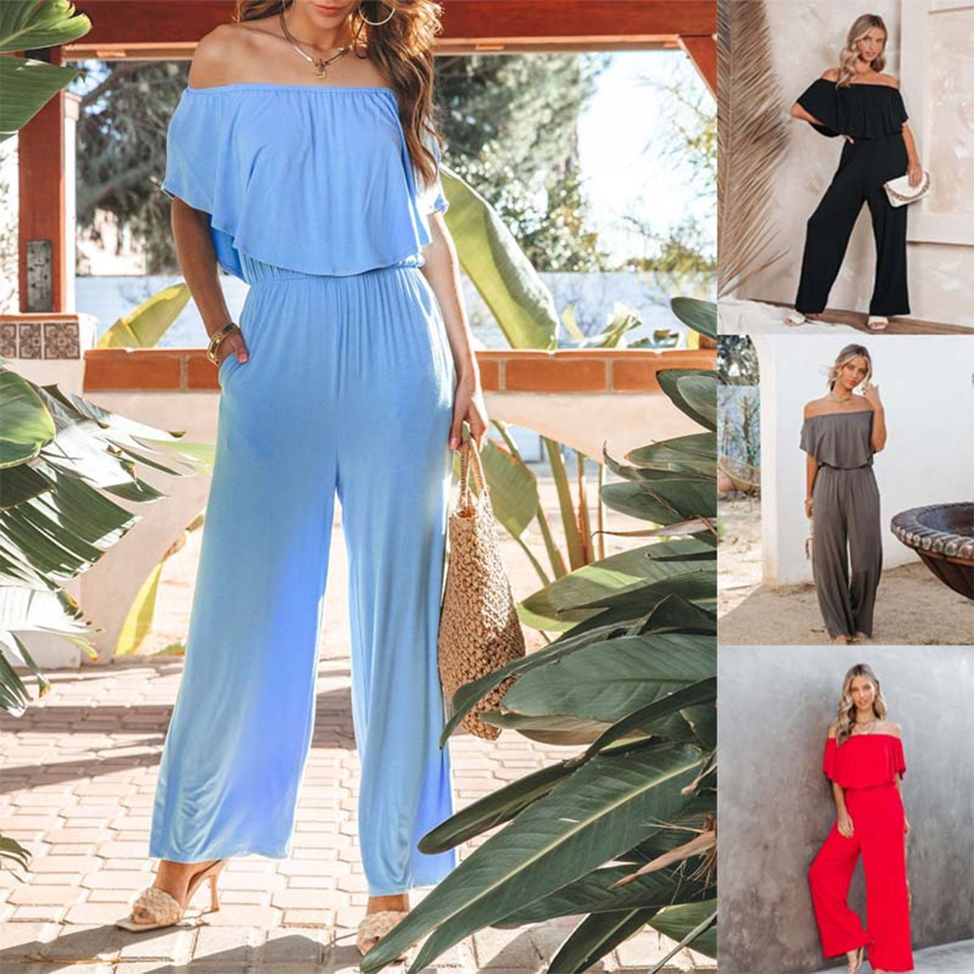 Women's Off-Shoulder Jumpsuit - Ruffled Neckline - Wide-Leg Flowy Fit - Elastic Waist