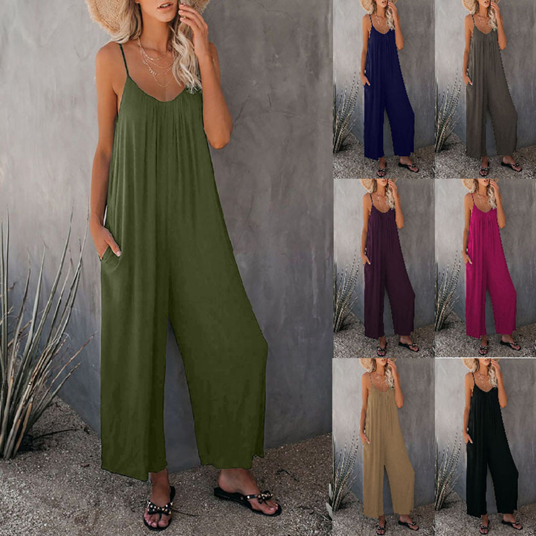 Women's Jumpsuit - Sleeveless V-Neck - Wide-Leg Relaxed Fit - With Pockets
