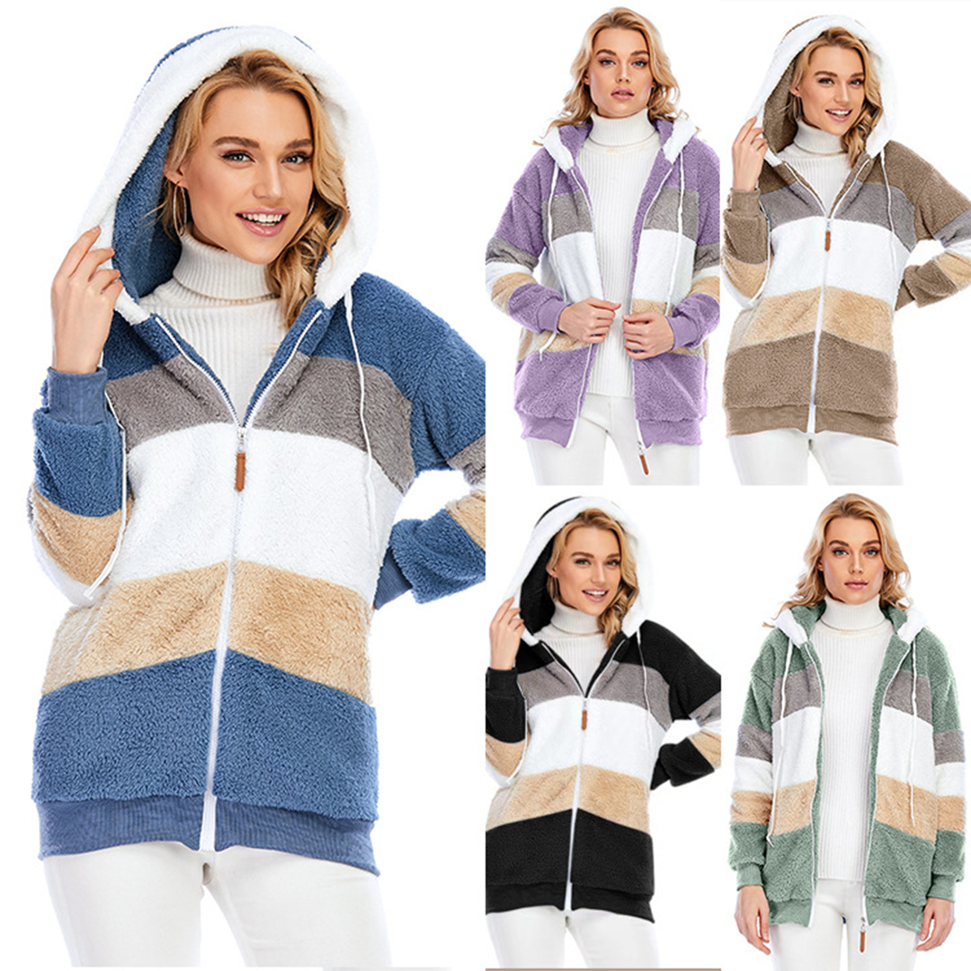 Plush hooded zipper jacket for women