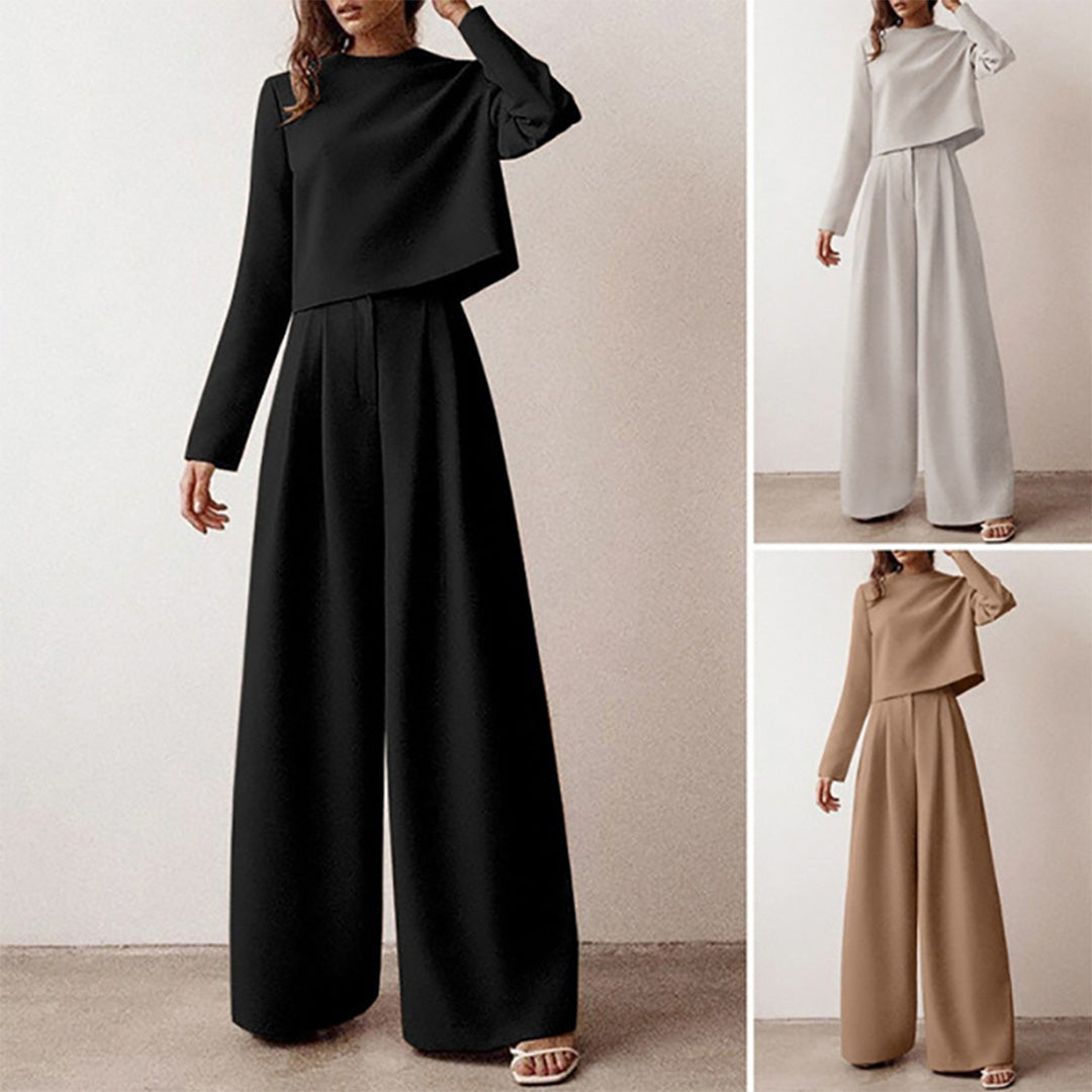 Women's casual long sleeve top and high waist wide leg trouser set