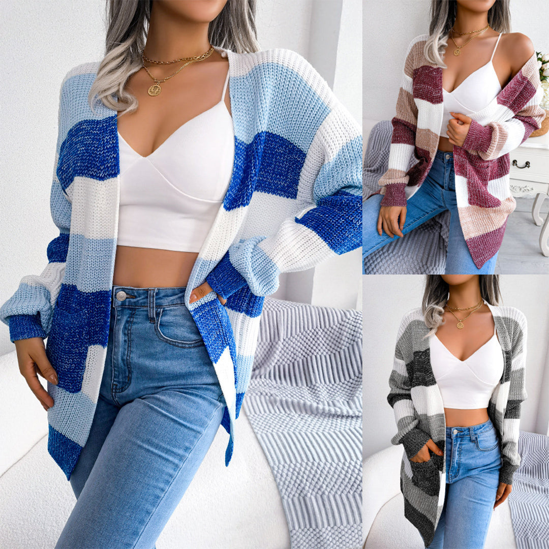 Women's autumn winter contrast color striped lantern sleeve cardigan