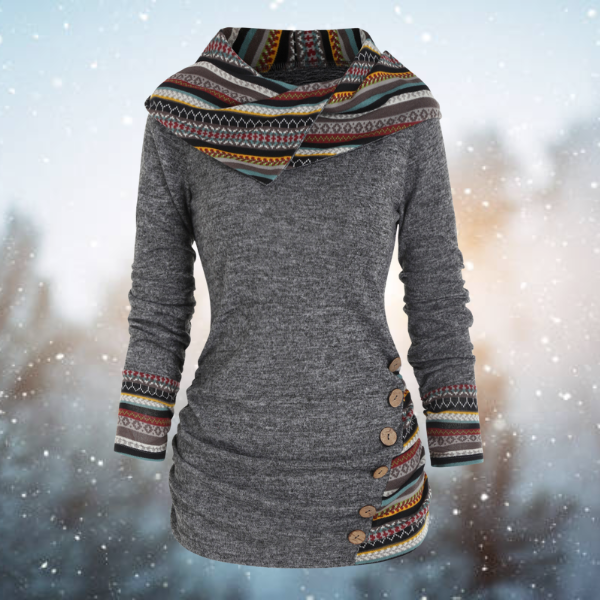 Women’s Hooded Top – Knit Fabric – Fitted Silhouette – Tribal Pattern Accents