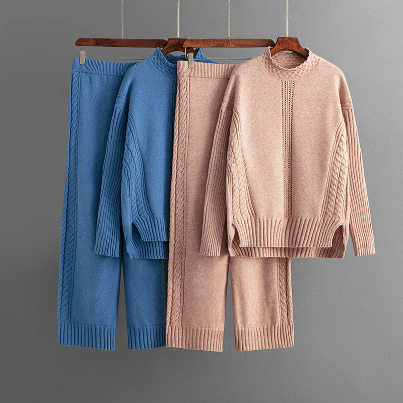 Women's Knit Sweater Set - Cable Knit Textured - Crew Neck - Relaxed Fit - Elastic Waist