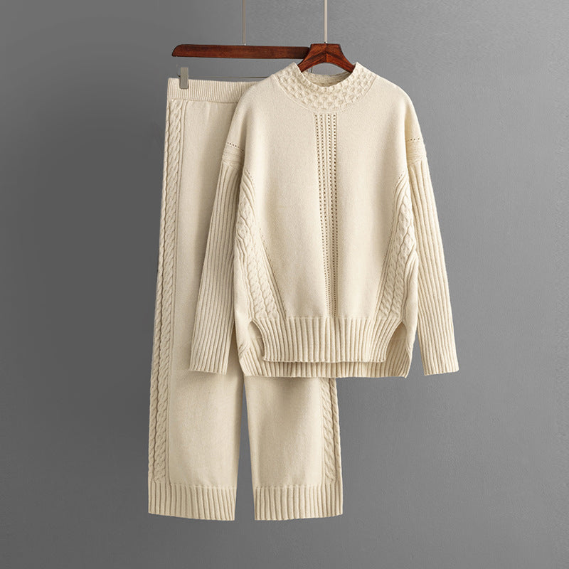 Women's Knit Sweater Set - Cable Knit Textured - Crew Neck - Relaxed Fit - Elastic Waist