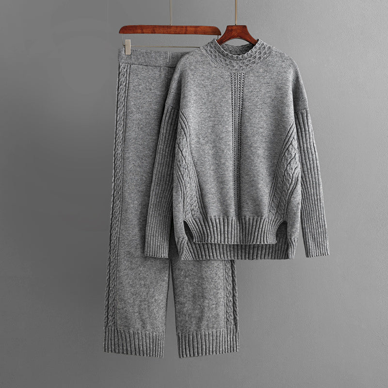 Women's Knit Sweater Set - Cable Knit Textured - Crew Neck - Relaxed Fit - Elastic Waist