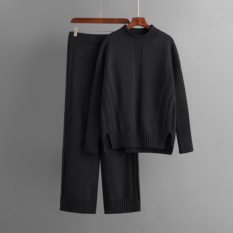 Women's Knit Sweater Set - Cable Knit Textured - Crew Neck - Relaxed Fit - Elastic Waist