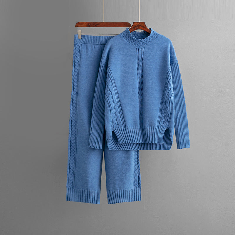 Women's Knit Sweater Set - Cable Knit Textured - Crew Neck - Relaxed Fit - Elastic Waist