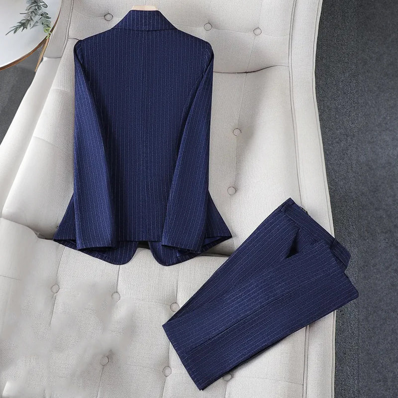 Women’s Blazer and Trousers Set - Tailored Fit - Pinstripe - Notched Lapel - Formal Wear