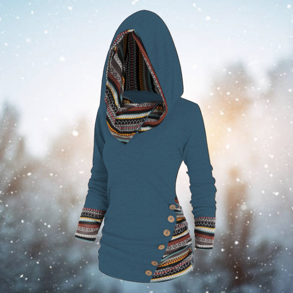 Women’s Hooded Top – Knit Fabric – Fitted Silhouette – Tribal Pattern Accents