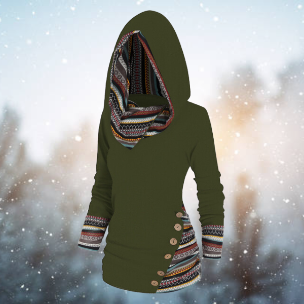 Women’s Hooded Top – Knit Fabric – Fitted Silhouette – Tribal Pattern Accents